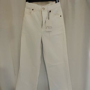 ZARA High rise full length wide leg white denim jeans